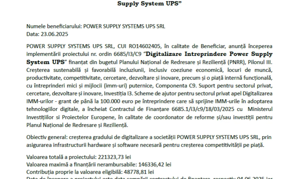 Anunț începere implementare proiectului „ Digitalizare Intreprindere Power Supply System