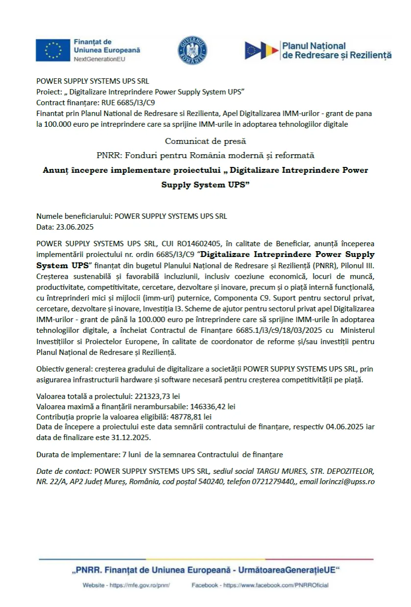 Anunț începere implementare proiectului „ Digitalizare Intreprindere Power Supply System