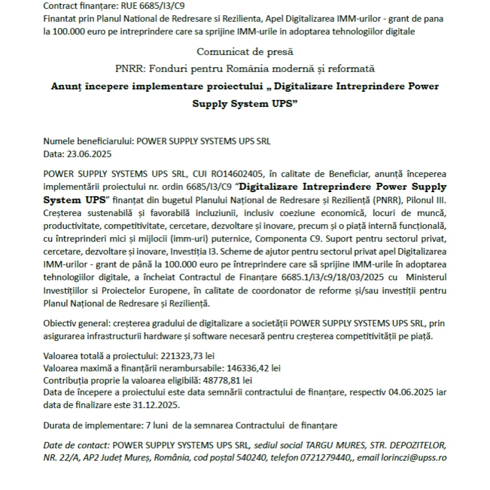 Anunț începere implementare proiectului „ Digitalizare Intreprindere Power Supply System